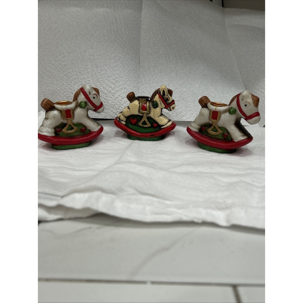 Vintage Set 3  Rocking Horse Candle Stick Holder Red Black Grey Brass Mini Taper
